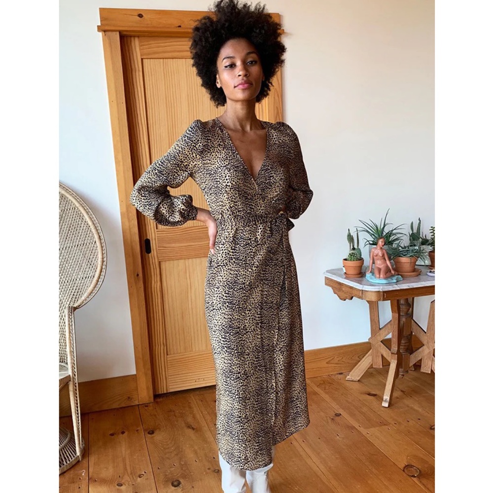 Emerson Fry Juliette Dress Midi Little Cheetah Silk Leopard Wrap 12 14 large